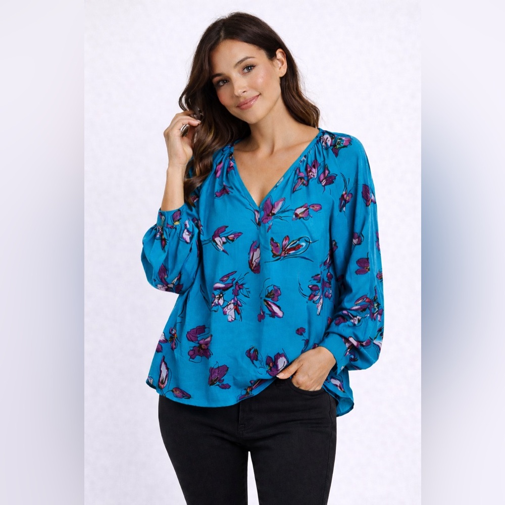 Nine West Turquoise and Purple Floral Blouse